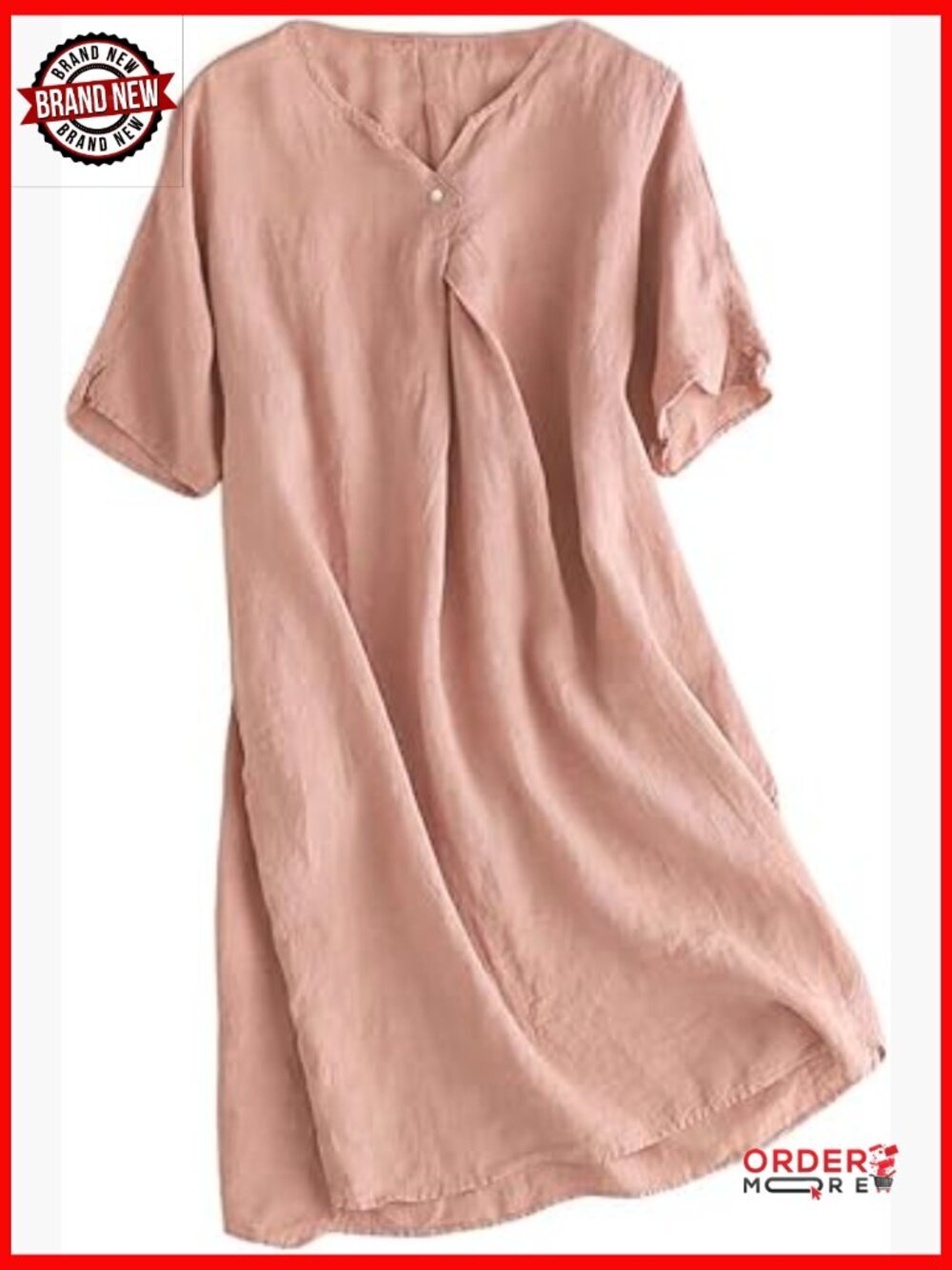 Linen V-Neck Tunic Dress Short Sleeve Boho Swing Sun Dress